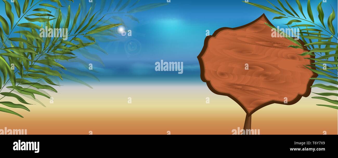 Vektor Banner für eine Werbung auf einem Strand Strand Hintergrund mit Sand und Himmel im Sommer mit einem Holzbrett Frame für ein Text Stock Vektor