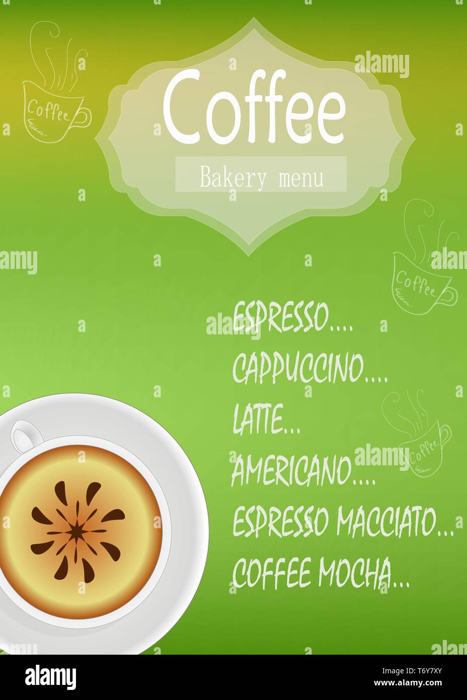 Banner Vektor auf einem grünen Hintergrund, für Menü ein Restaurant Bar für eine Bar mit Kaffee und Getränken mit einem weißen Schale, ein schönes Logo mit Text Stock Vektor