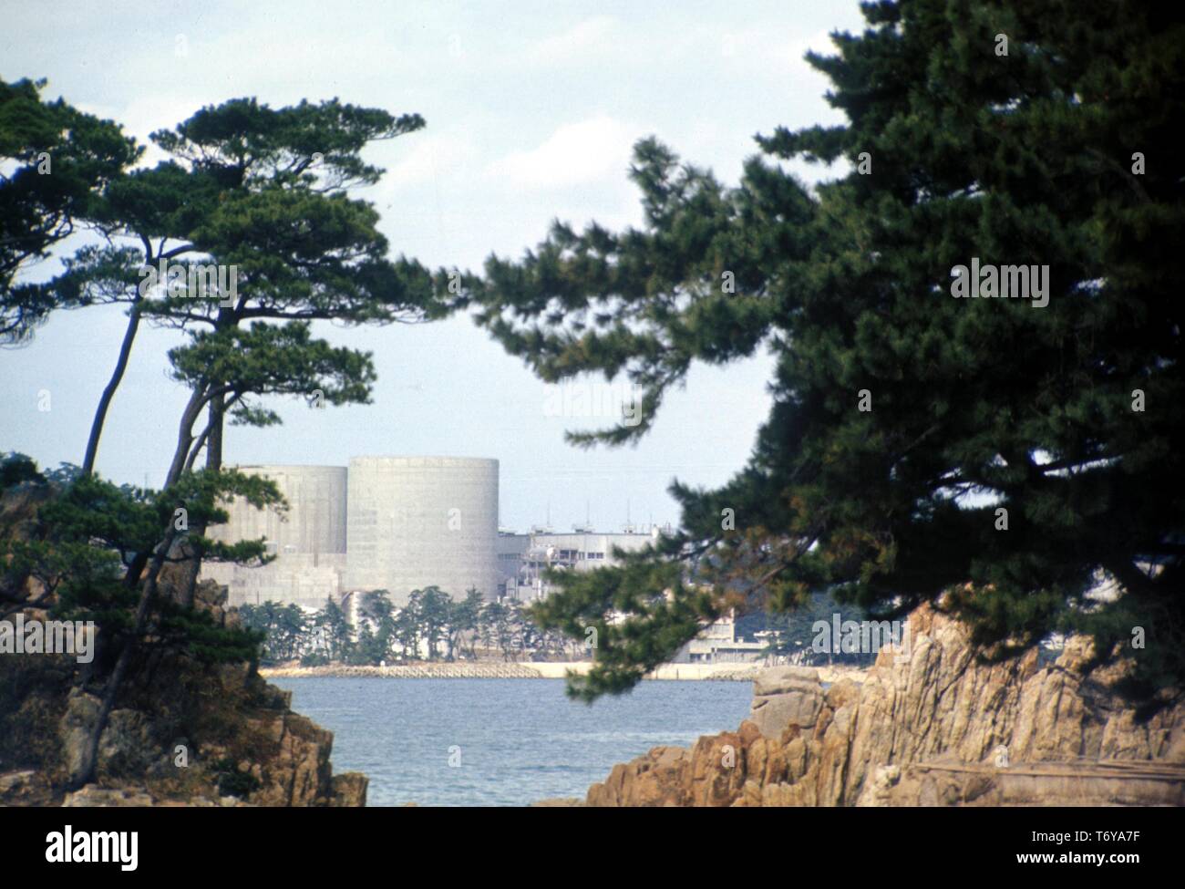 Verdeckt auf Atomkraftwerk Mihama, mit Nyunoura Bay, Kiefern, und Felsen im Vordergrund, Mihama, Japan, 1970. Mit freundlicher Genehmigung des US-Ministeriums für Energie. () Stockfoto