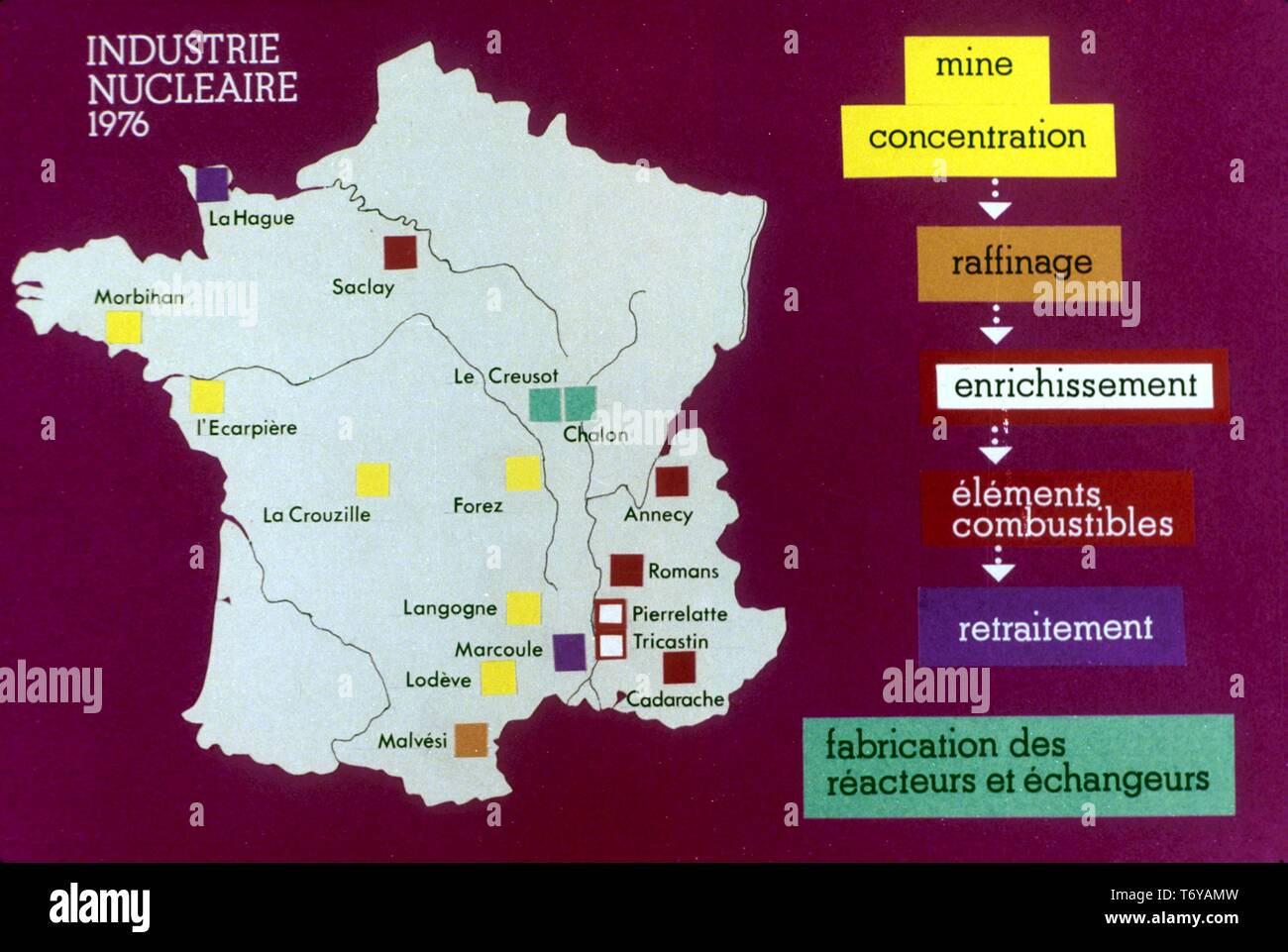Karte von Frankreich, in französischer Sprache beschriftet, auf der die Position und die Art der Ausstattung mit Atomenergie, 1976 verbunden. Mit freundlicher Genehmigung des US-Ministeriums für Energie. () Stockfoto