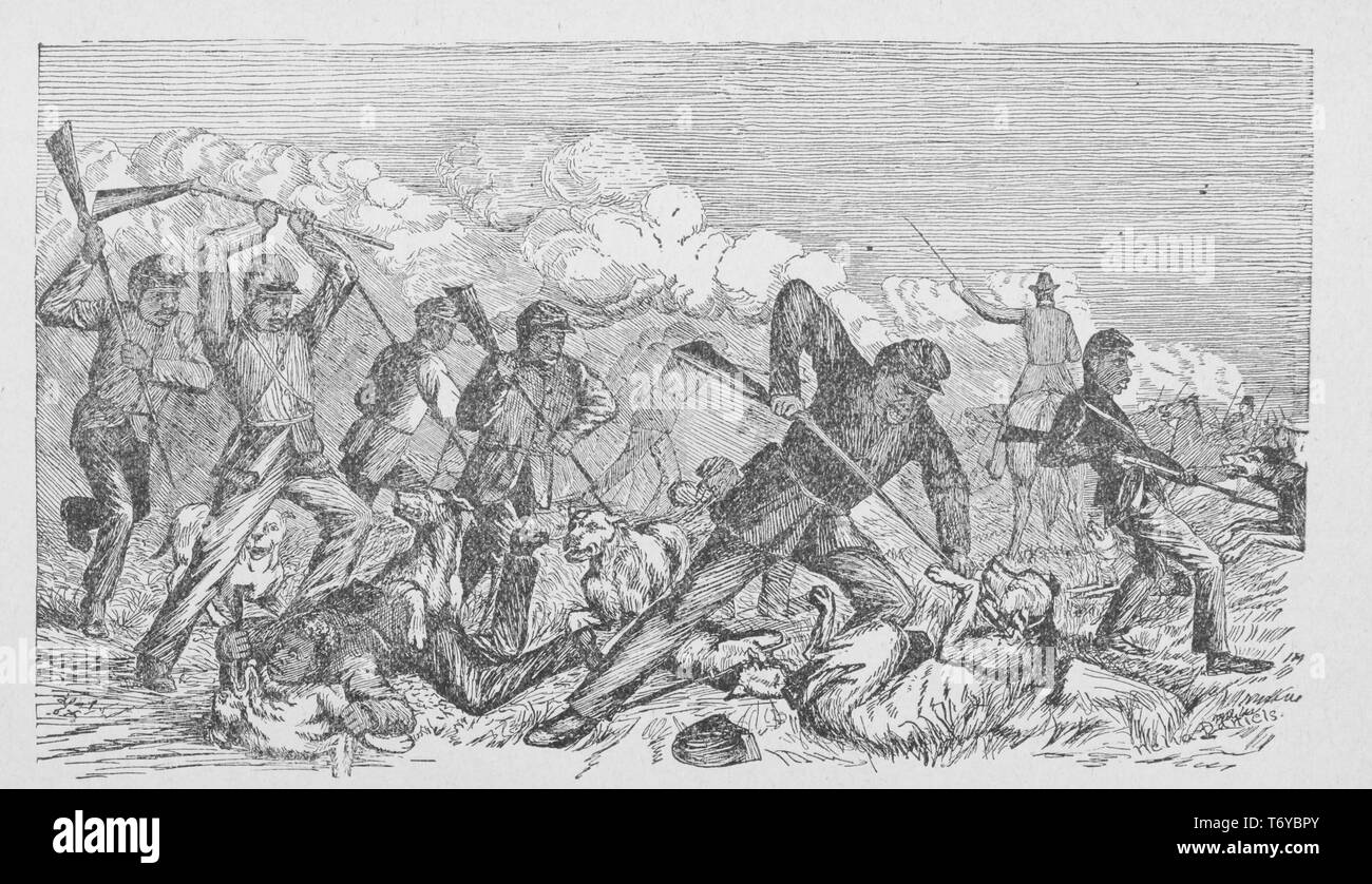 Gravur der Eidgenossen heftigen Angriff auf der ersten South Carolina Regiment mit Spuerhunden, 1862. Von der New York Public Library. () Stockfoto