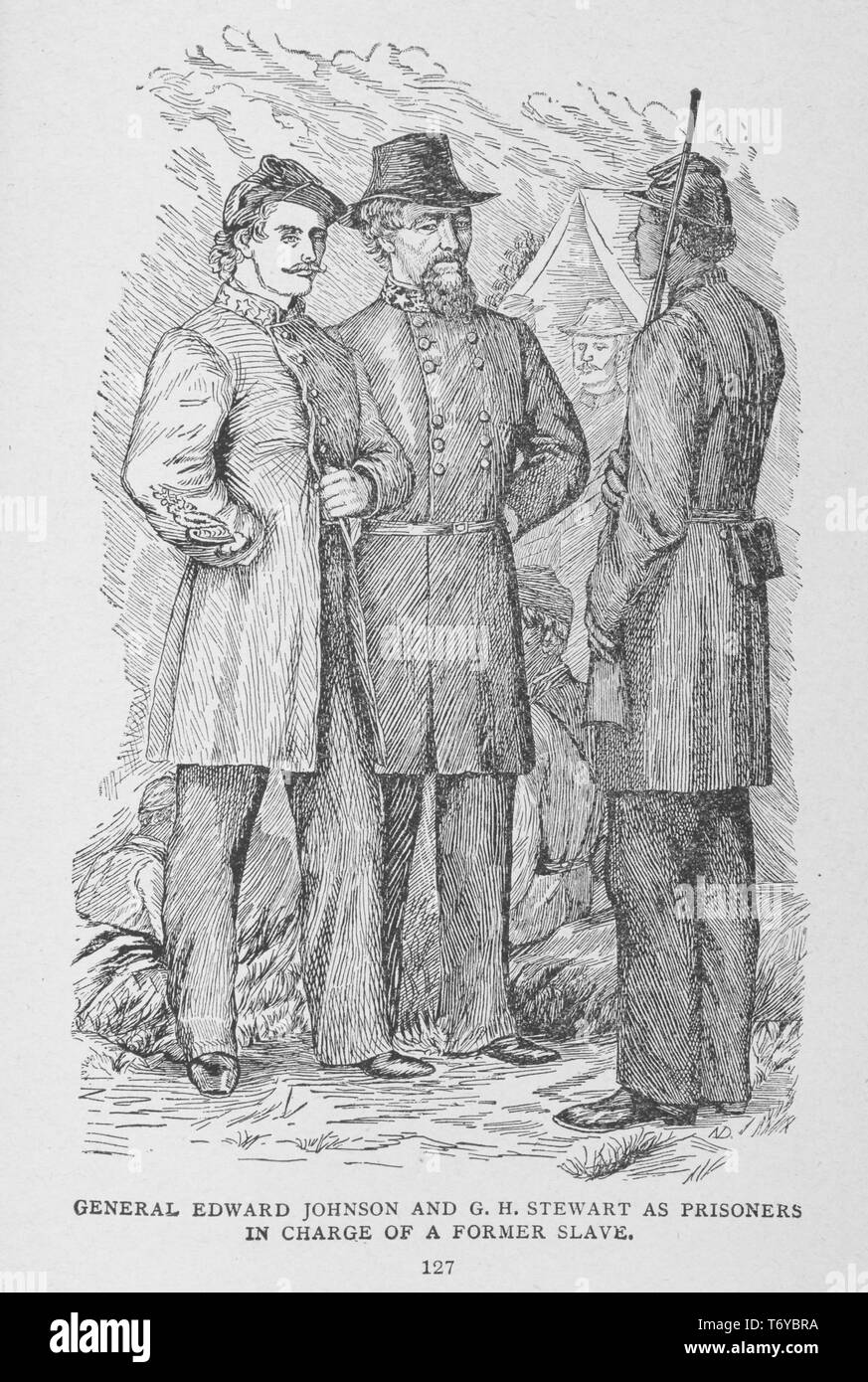 Gravur der Konföderierten Generalen Edward Johnson und George H. Steuart als Gefangene eines ehemaligen Sklaven, 1902. Von der New York Public Library. () Stockfoto