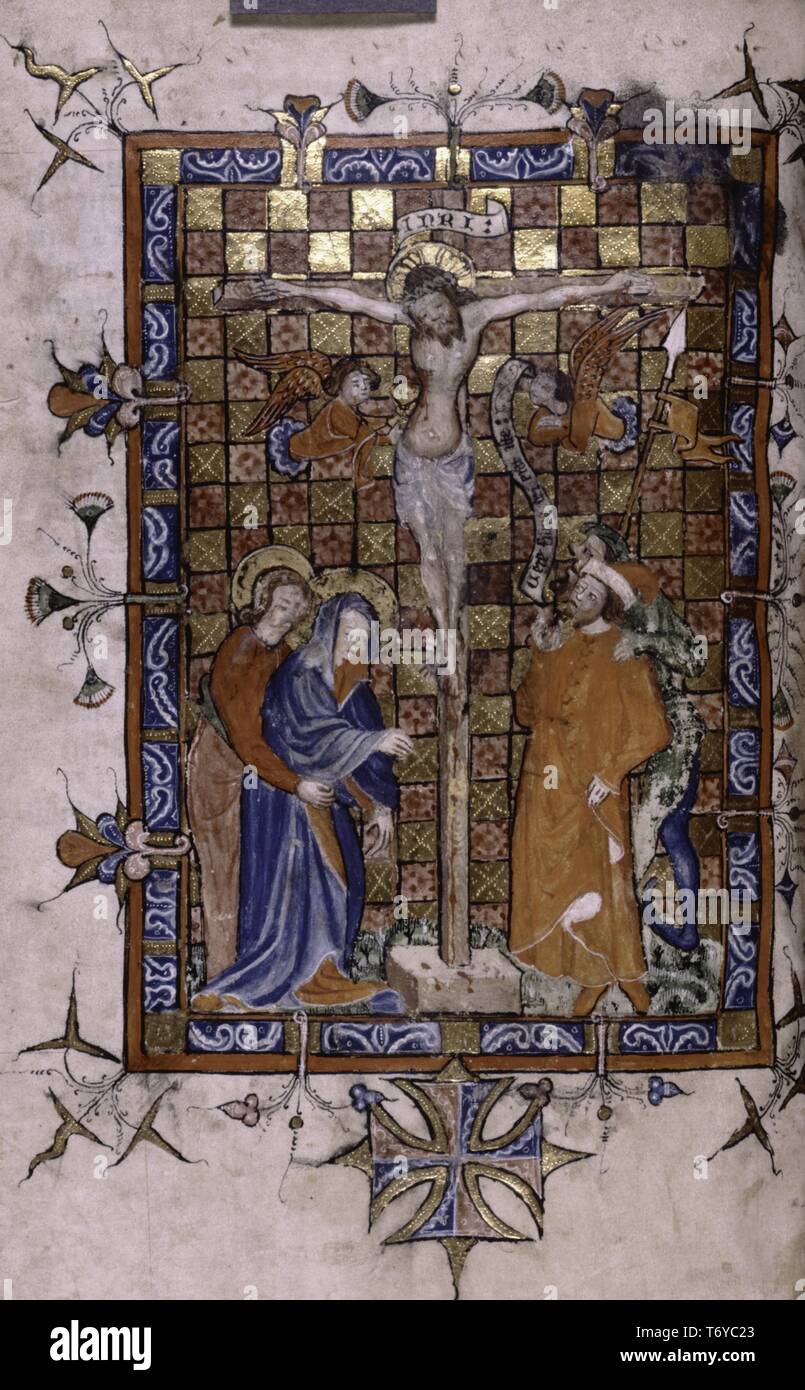 Seite aus einem alten Buch die Darstellung der Kreuzigung Jesu, 1407. Von der New York Public Library. () Stockfoto