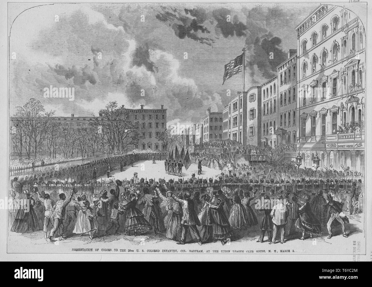 Gravur der Präsentation der 20 uns Farbige Infanterie am Union Square, New York, 1870. Von der New York Public Library. () Stockfoto