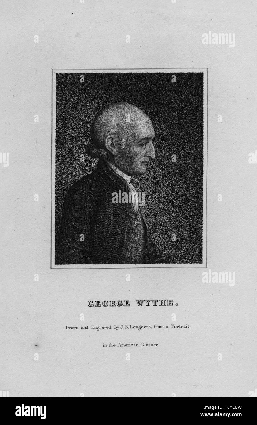 Graviert Porträt von George Wythe, Unterzeichner der Unabhängigkeitserklärung der Vereinigten Staaten, der erste American Law Professor aus Williamsburg, Virginia, 1870. Von der New York Public Library. () Stockfoto