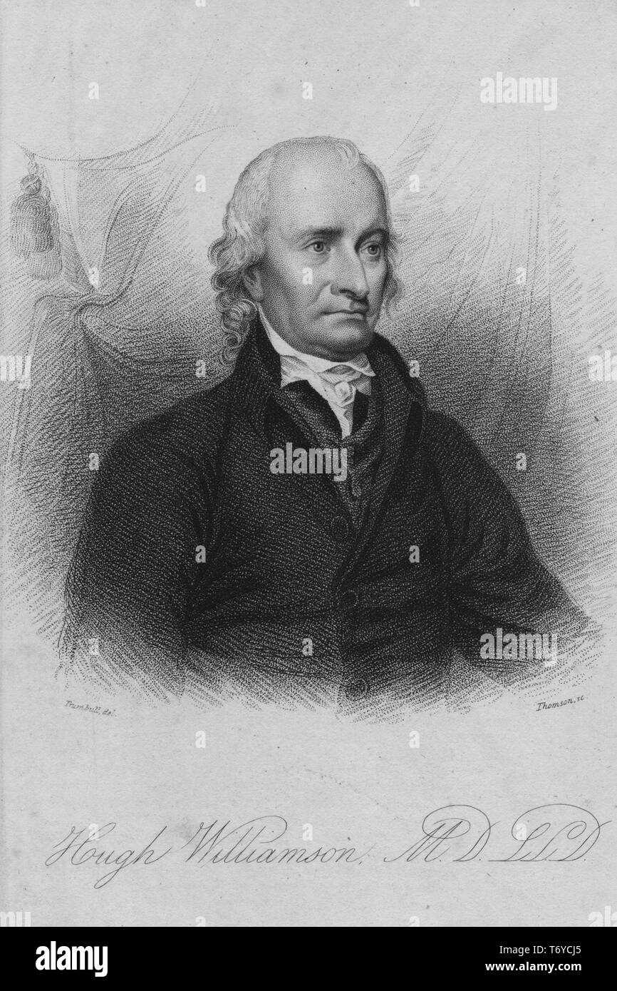 Graviert Portrait von Hugh Williamson, Unterzeichner der Verfassung der Vereinigten Staaten von Amerika, ein amerikanischer Arzt und Politiker von West Nottingham County, Chester County, Pennsylvania, 1845. Von der New York Public Library. () Stockfoto