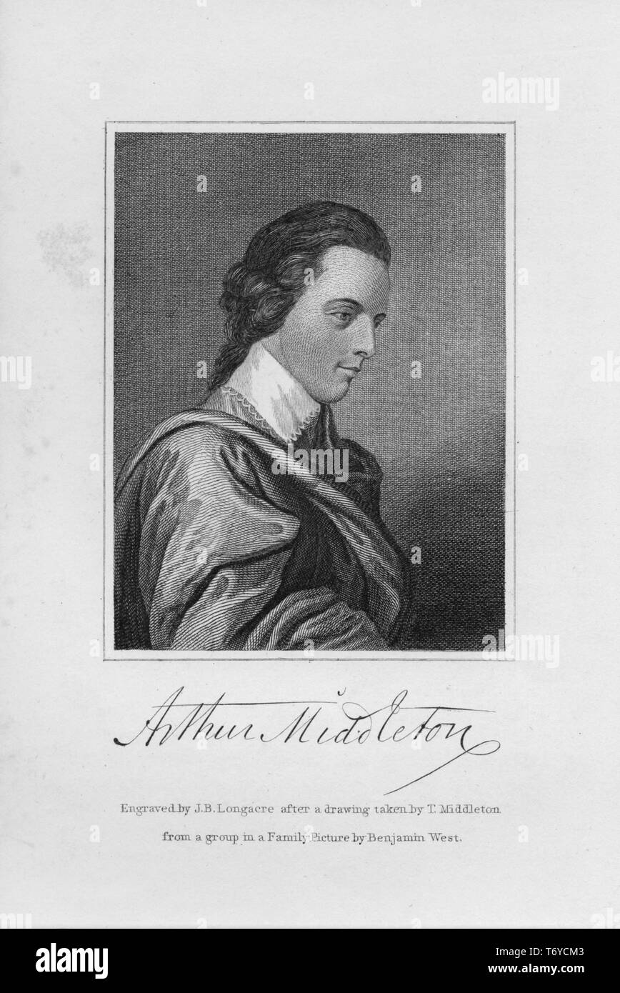 Graviert Portrait von Arthur Middleton, Unterzeichner der Unabhängigkeitserklärung der Vereinigten Staaten, ein US-amerikanischer Politiker aus Charleston, South Carolina, 1849. Von der New York Public Library. () Stockfoto
