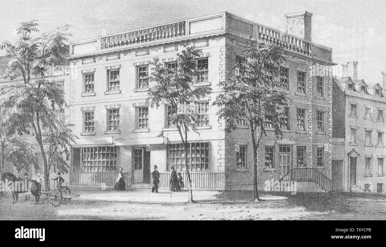 Gravur der Samuel Osgood Haus diente als die ersten Präsidentschaftswahlen Herrenhaus, das George Washington der erste Präsident der Vereinigten Staaten, 1837. Von der New York Public Library. () Stockfoto