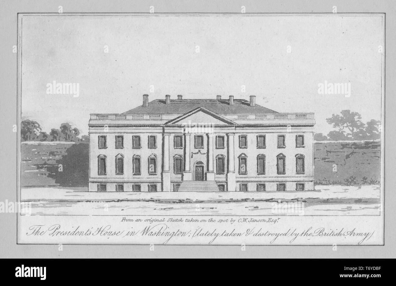 Gravur des Hauses der Präsident in Washington, in letzter Zeit genommen und von der britischen Armee, 1837 zerstört. Von der New York Public Library. () Stockfoto