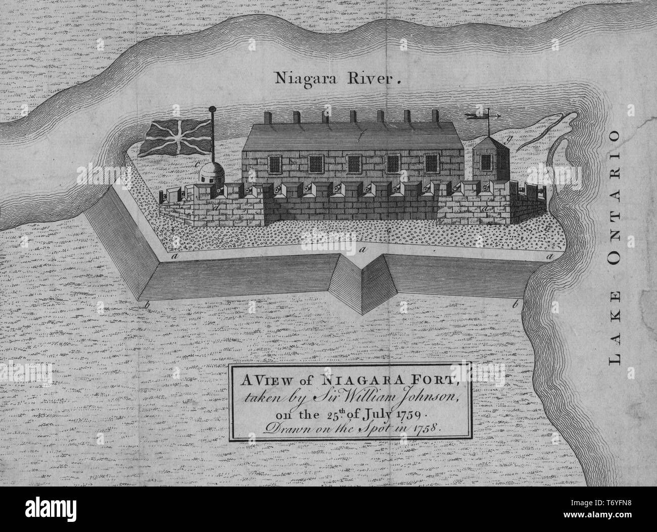 Graviert Ansicht von Niagara Fort von Sir William Johnson, 1759 übernommen. Von der New York Public Library. () Stockfoto