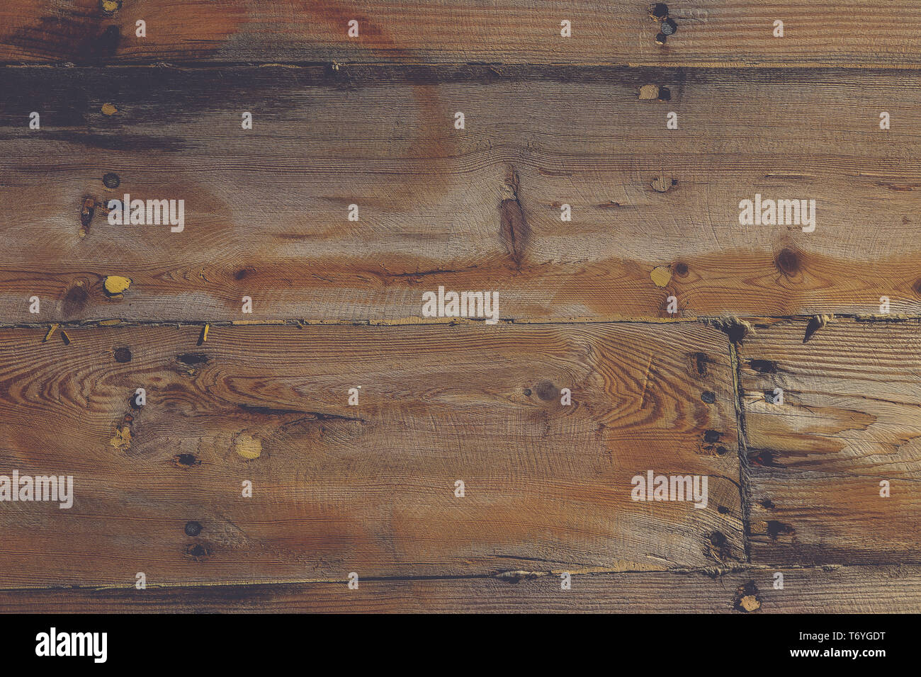 Planken an Bord Textur. Holz- schiff Brett mit Nägeln und Schrauben Hintergrund. Stockfoto