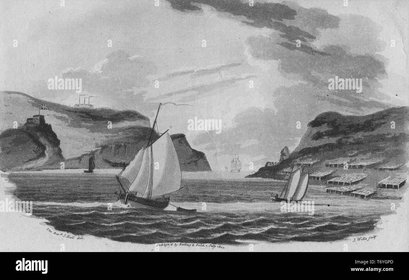 Graviert Blick auf die Segelboote am Eingang von St. John's, Neufundland 1802. Von der New York Public Library. () Stockfoto