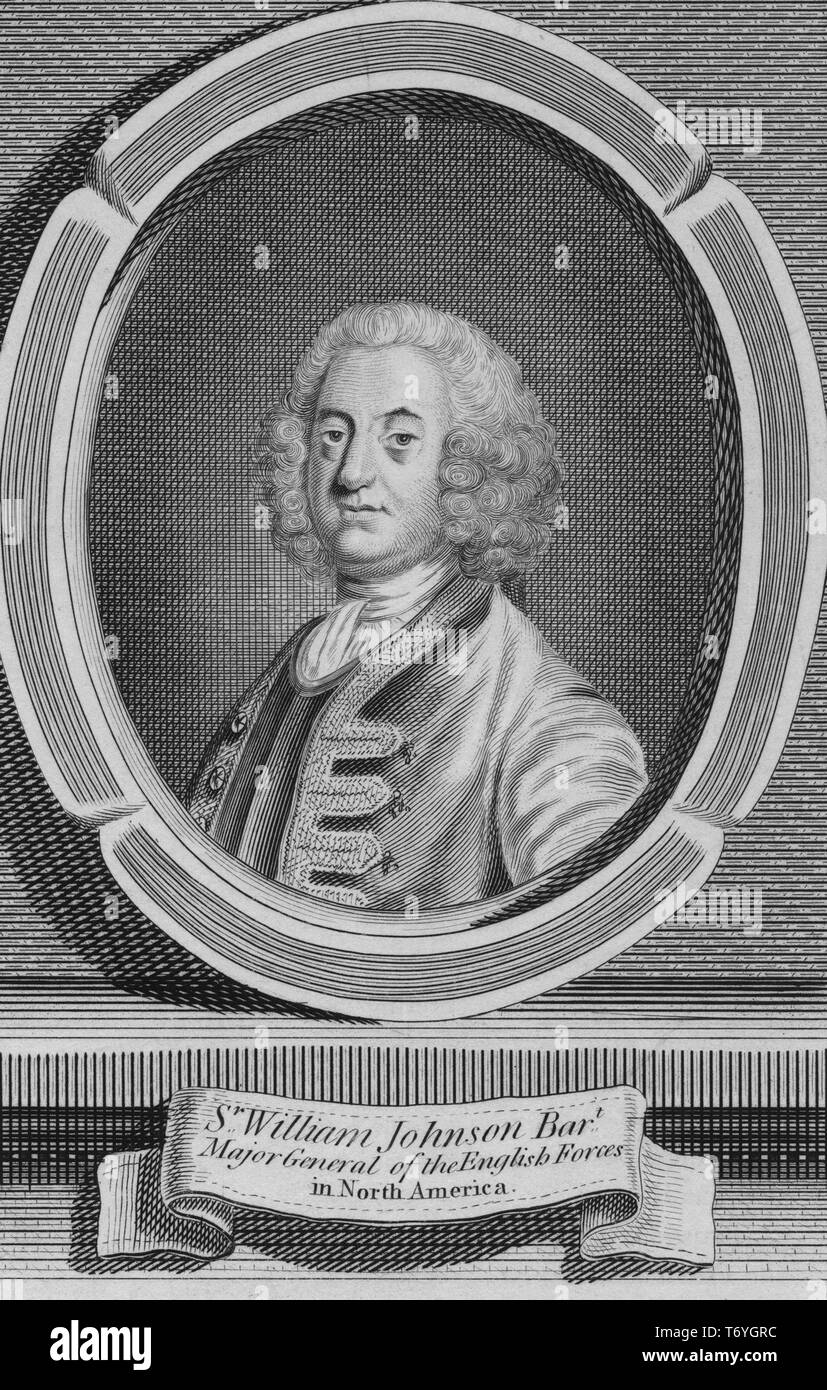 Graviert Portrait von Sir William Johnson, 1st Baronet, einem irischen Beamter des Britischen Empire aus der Grafschaft Meath, Irland, 1750. Von der New York Public Library. () Stockfoto