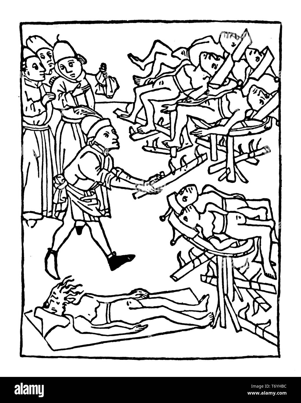 Folter von Juden auf Rädern gewebt. (Die alle gefoltert Verschleiß der Jüdischen hat als ein Zeichen, dass sie Juden sind). Nach einem Holzschnitt aus dem Jahr 1475, 1923 Stockfoto