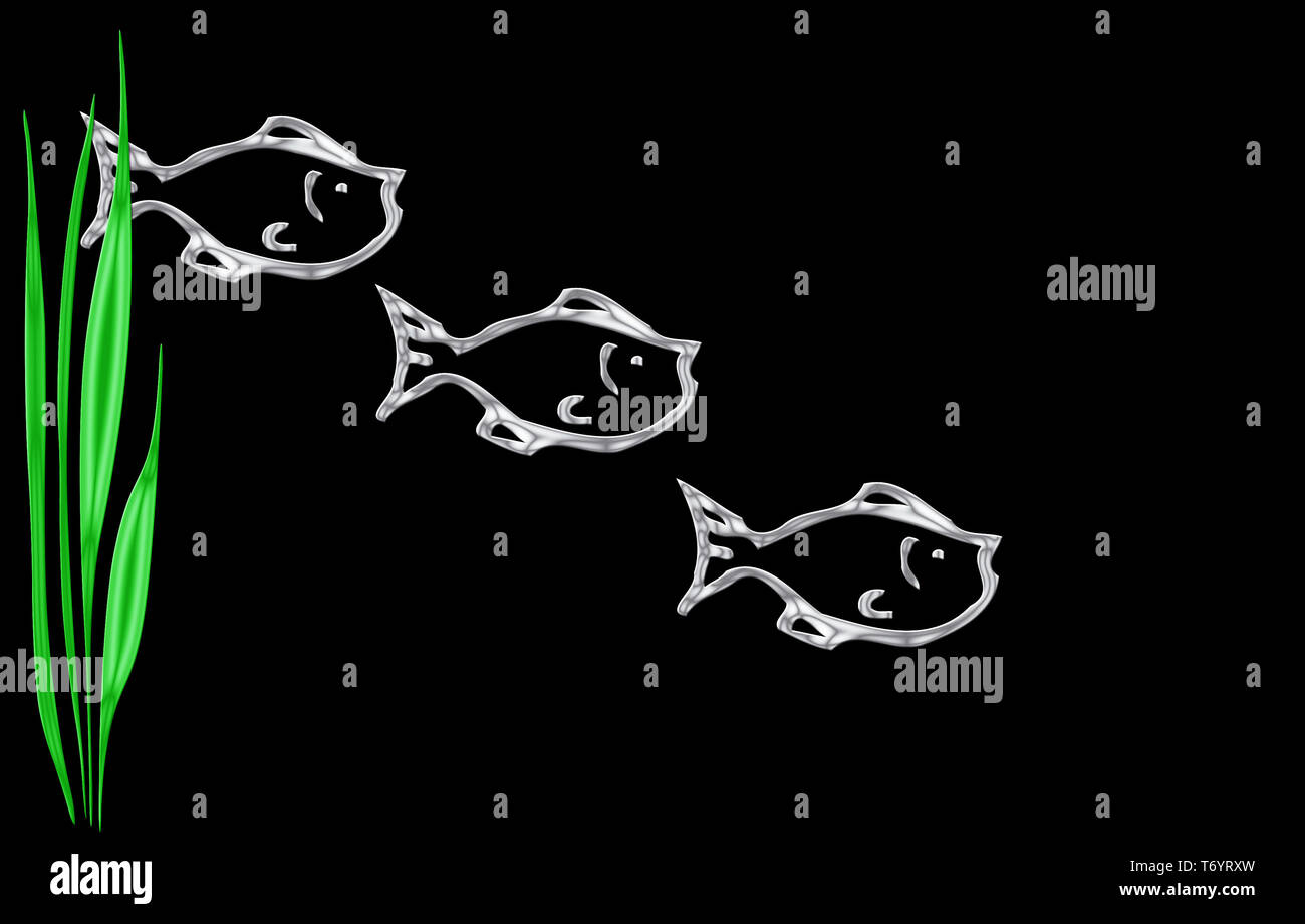Zusammenfassung von drei Fische schwimmen auf einem schwarzen Hintergrund isoliert Stockfoto