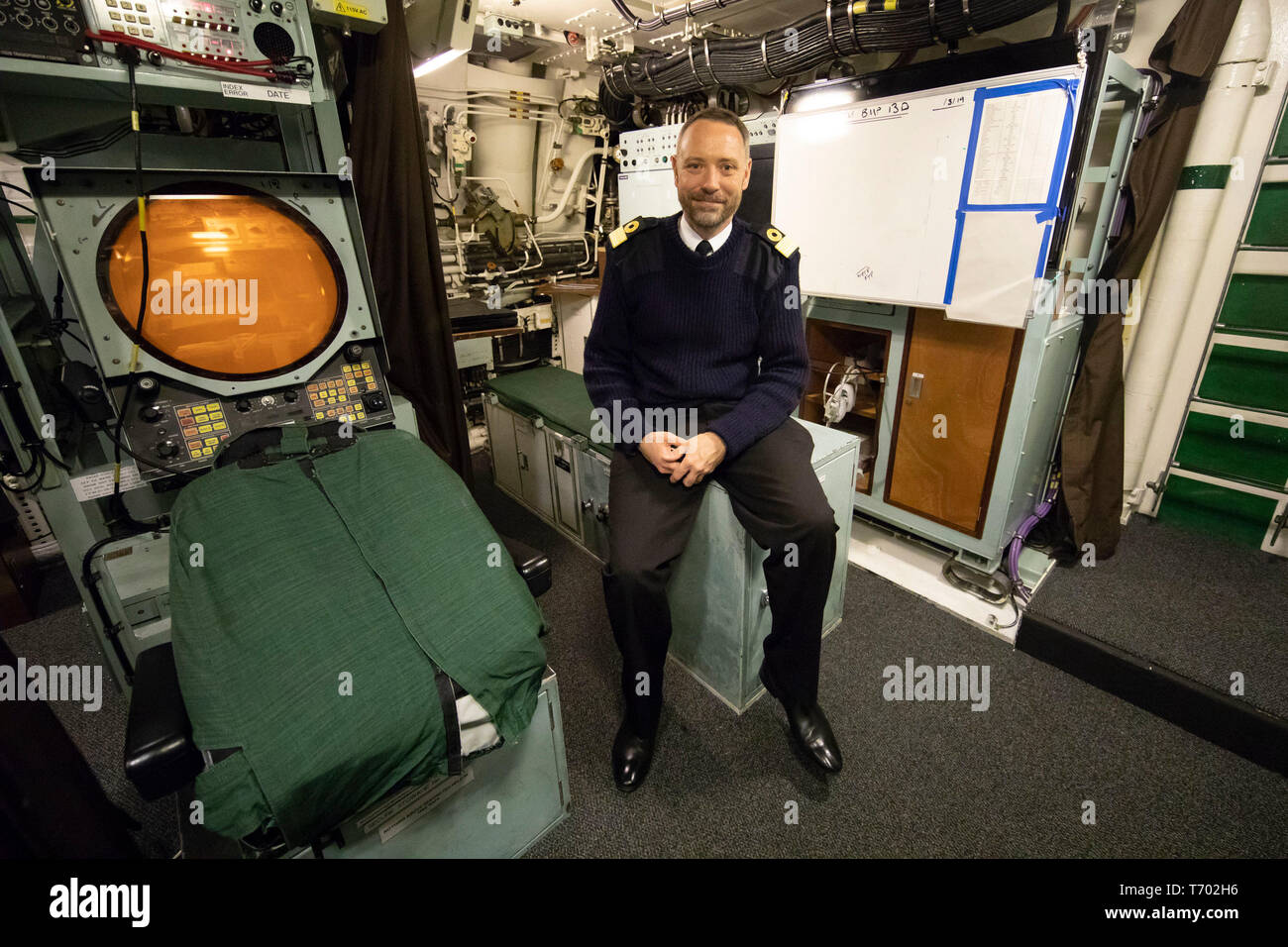 Commodore Bob Anstey, an Bord der HMS wachsam bei HM Marinestützpunkt Faslane, Clyde, die Vanguard U-Boot trägt Trident nukleare Abschreckung in Großbritannien. Stockfoto