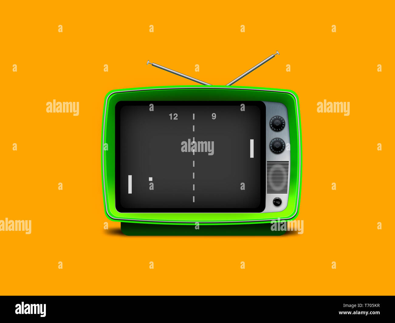 Ein Kitsch Retro Vintage TV Fernseher Pong Spiel grüne Farbe auf einem orangefarbenen Hintergrund Stockfoto