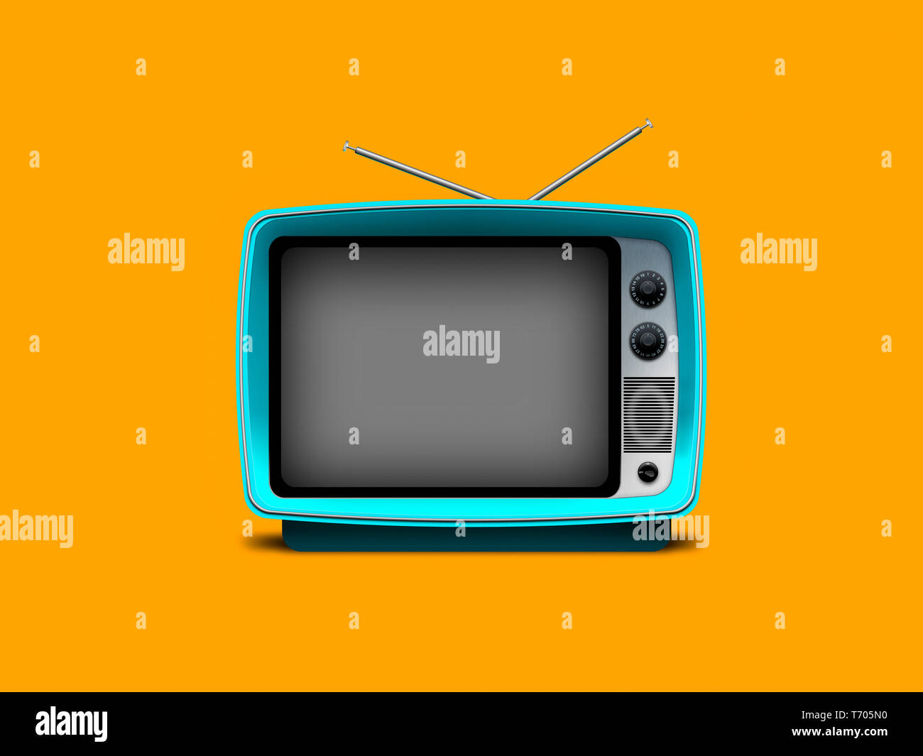 Ein Kitsch Retro Vintage TV Fernseher Hellblau Farbe auf einem orangefarbenen Hintergrund Stockfoto