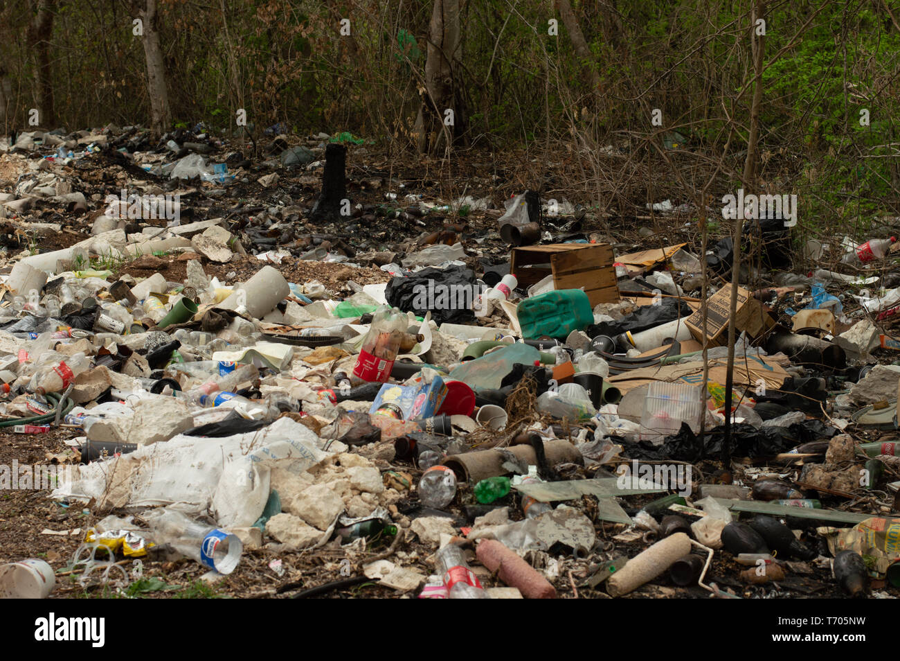 Müll, einschließlich Plastikflaschen und -tüten auf der Seite der Straße in Mexiko. Stockfoto