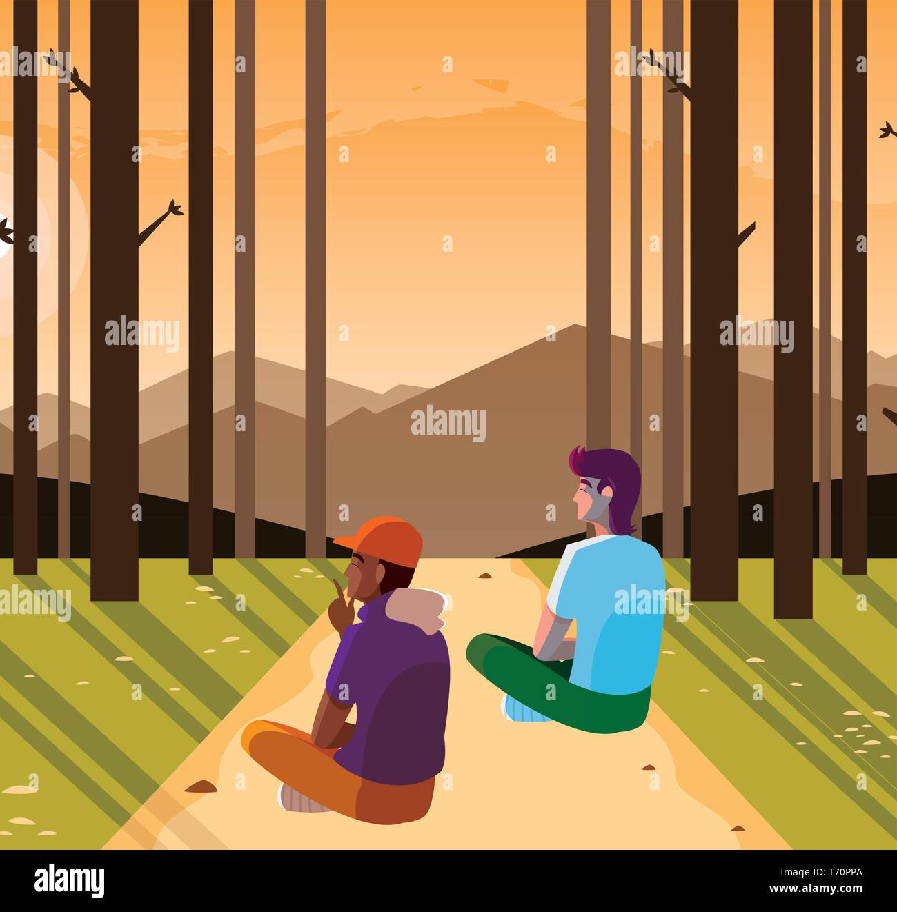 Männer paar Betrachtung Horizont im Wald Szene Vector Illustration Design Stock Vektor