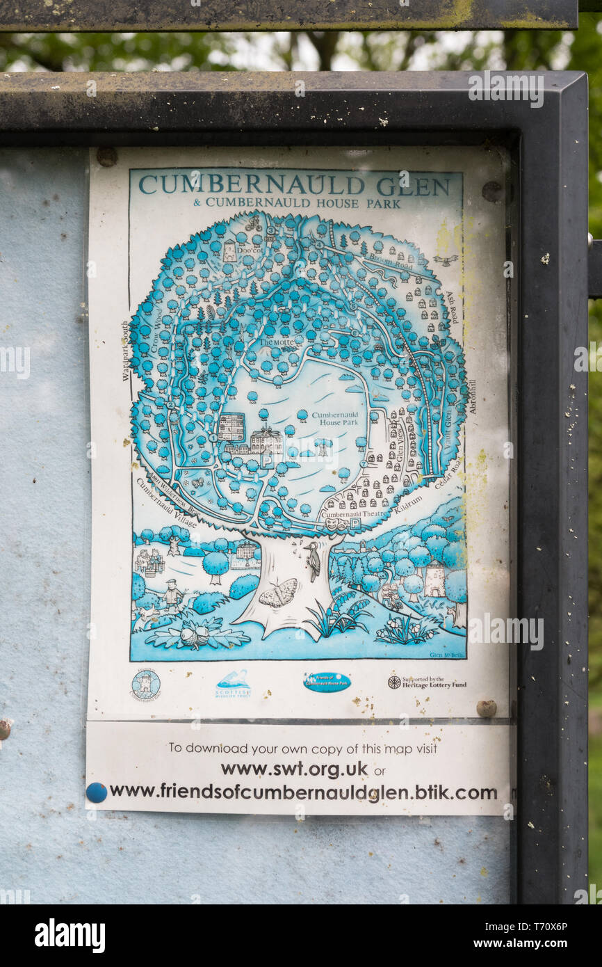 Karte Plakat am Eingang zum Cumbernauld Glen, und Cumbernauld House Park, Cumbernauld, North Lanarkshire, Schottland, Großbritannien Stockfoto