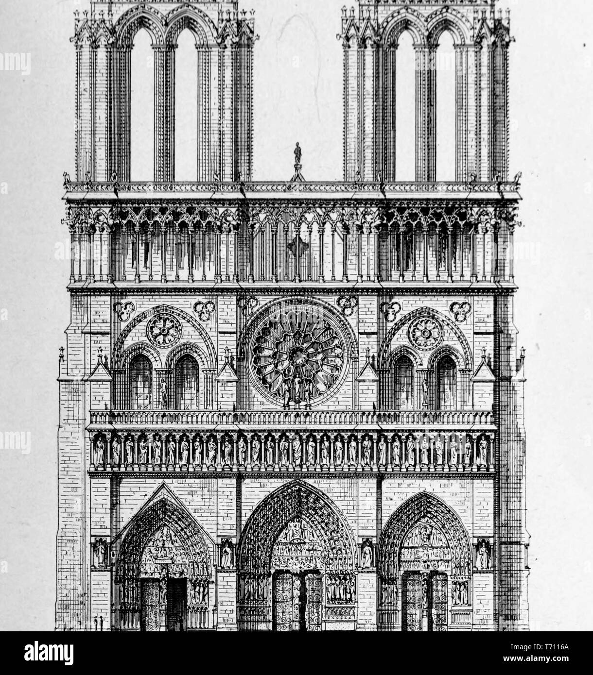 Gravierte Darstellung der Notre-Dame, mittelalterliche Katholische Kathedrale in Paris, Frankreich, aus dem Buch "L'Architecture" von Anatole de Baudot, 1916. Mit freundlicher Genehmigung Internet Archive. () Stockfoto