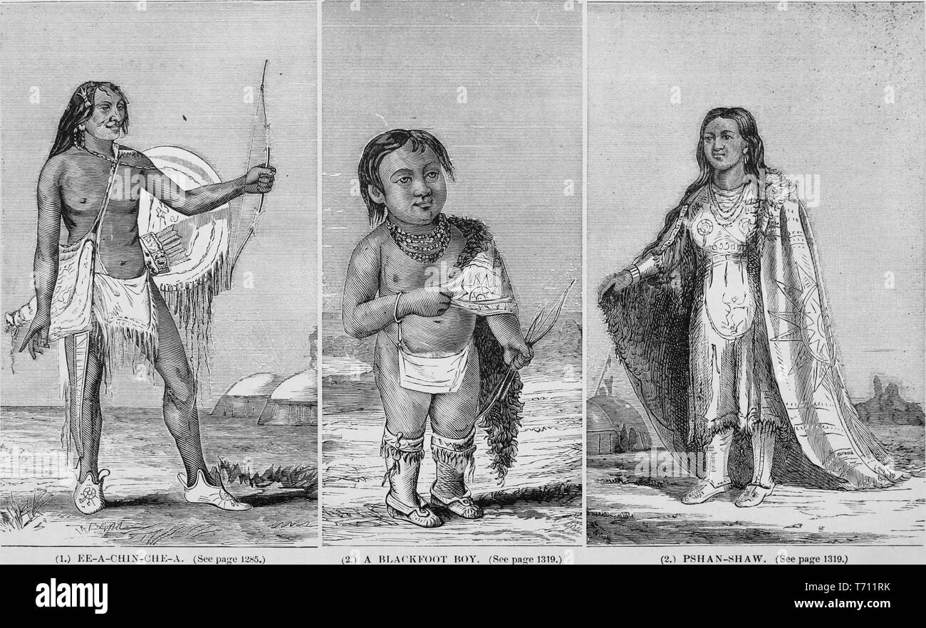 Schwarz und Weiß Vintage Prints, in drei Spalten: mit Untertiteln (von links nach rechts), um 'Ee-a-chin-che - ein 'aka Red Thunder, ein hidatsa Krieger und Sohn des Schwarzen Mokassin, tragen volle Krieg - Kleid, einschließlich Schuhe, eine kurze, eingesäumt Lendenschurz oder Tunika, eine Tasche, und Seine Köcher und Schild; "Blackfoot Boy", Darstellung der Enkel eines Blackfoot Chief, trug ein waschbär Haut Robe über der Schulter und halten einen Bogen und Köcher, und 'Pshan-Shaw' aka Sweet-Scented Gras, ein arikara Frau, trug den Aufwändig bestickte Buffalo haut Gewand, in Band John George Wood's veröffentlicht "Die unzivilisierten Rassen von Männern in allen Co Stockfoto