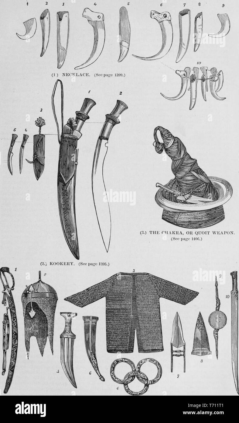 Schwarz und Weiß Vintage Print, das Indische Waffen und Rüstung: einschließlich Tiger, Krokodil, und Trägheit - Bär Zähne, die verwendet werden, um eine "Kette" (oben); eine Ghurka 'Kookery' Messer mit gebogener Klinge und Griff (Mitte links); ein Hut mit Messer in der Seite versteckt und "Die Chakra oder Quoit Waffe", ein geschärftes Metall ring, Umschlungen über den Peak (Mitte rechts); und die Vielfalt der Schwerter, Messer, Speerspitzen und Rüstung (untere Reihe) in Band John George Wood's veröffentlicht "Die unzivilisierten Rassen der Menschen in allen Ländern der Welt, eine umfassende Berücksichtigung ihrer Sitten und Gebräuche, und von Ihren physica Stockfoto