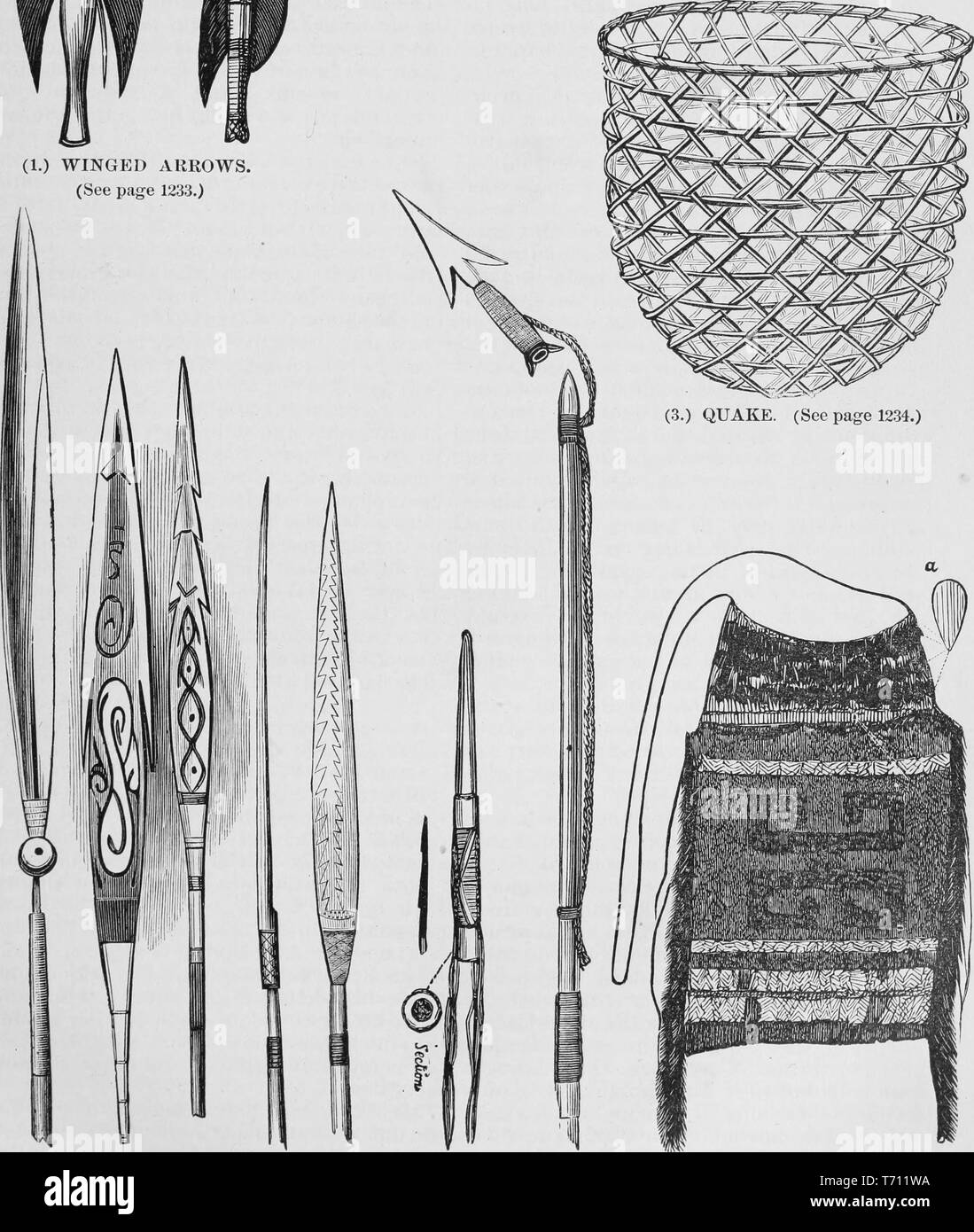 Schwarz und Weiß Vintage Print, zeigt eine Vielzahl von guyanese Waffen und inländische Objekte: einschließlich der fletched oder Enden der zwei "Winged Pfeile" (links oben); ein Rohr Warenkorb oder 'Quake' (rechts oben); (untere Reihe, von links nach rechts) fünf Pfeilspitzen, einem Köcher, eine Schildkröte Pfeil, und eine Feder - überdachte Schürze, in Band John George Wood's veröffentlicht "Die unzivilisierten Rassen der Menschen in allen Ländern der Welt, eine umfassende Berücksichtigung ihrer Sitten und Bräuche und Ihrer körperlichen, sozialen, geistigen, moralischen und religiösen Besonderheiten", 1877. Mit freundlicher Genehmigung Internet Archive. () Stockfoto