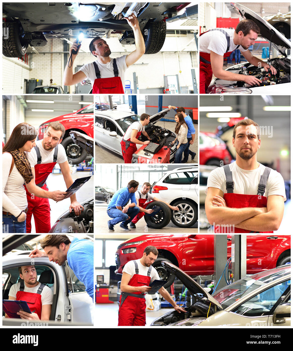 Kundendienst in einer Garage - Mechaniker und die Reparatur eines Fahrzeugs besprechen - Portrait workman Stockfoto