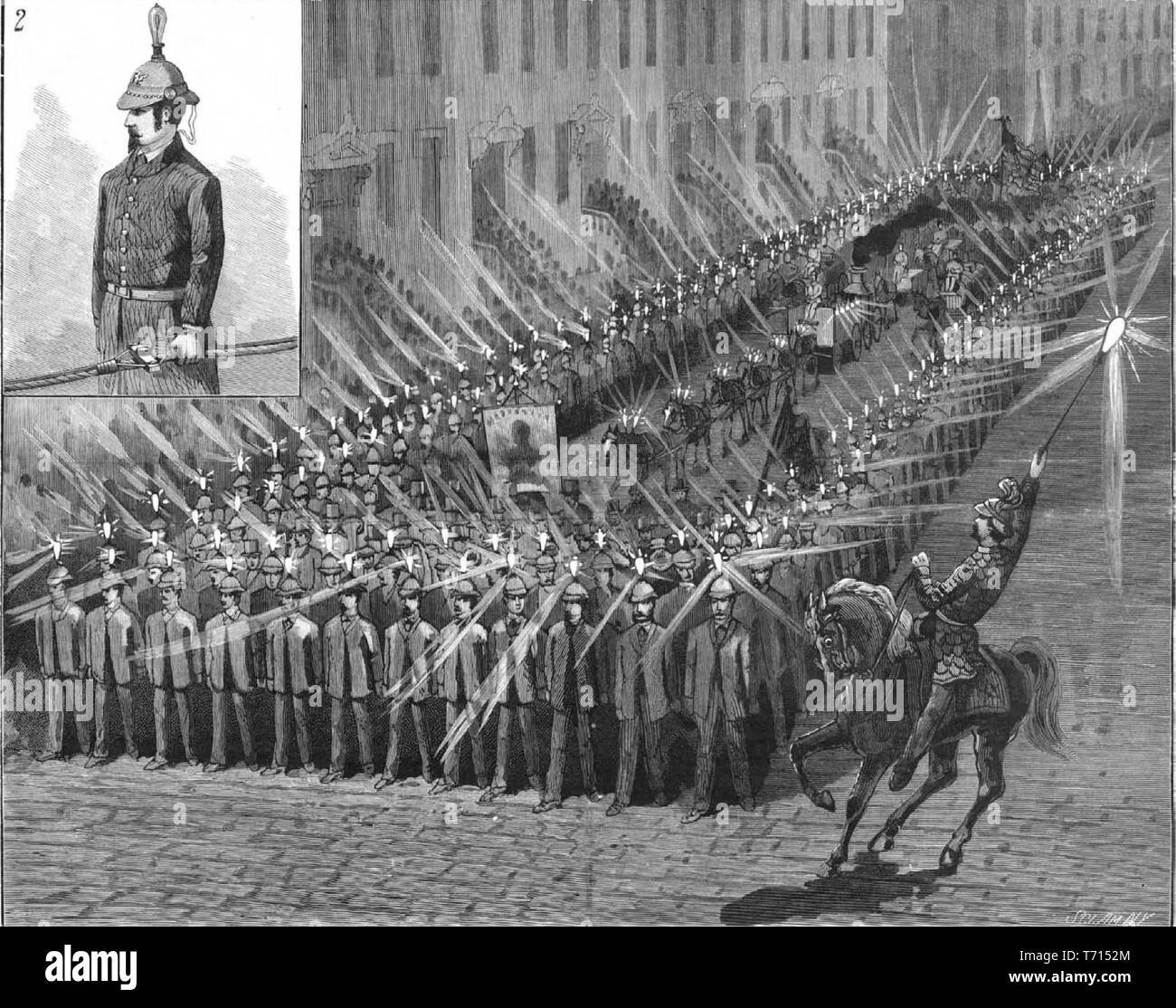 Gravur der elektrischen Fackelzug März in New York, von Edison Electric Light Company durchgeführt, von Scientific American Band des Buches 51', 1884. Mit freundlicher Genehmigung Internet Archive. () Stockfoto