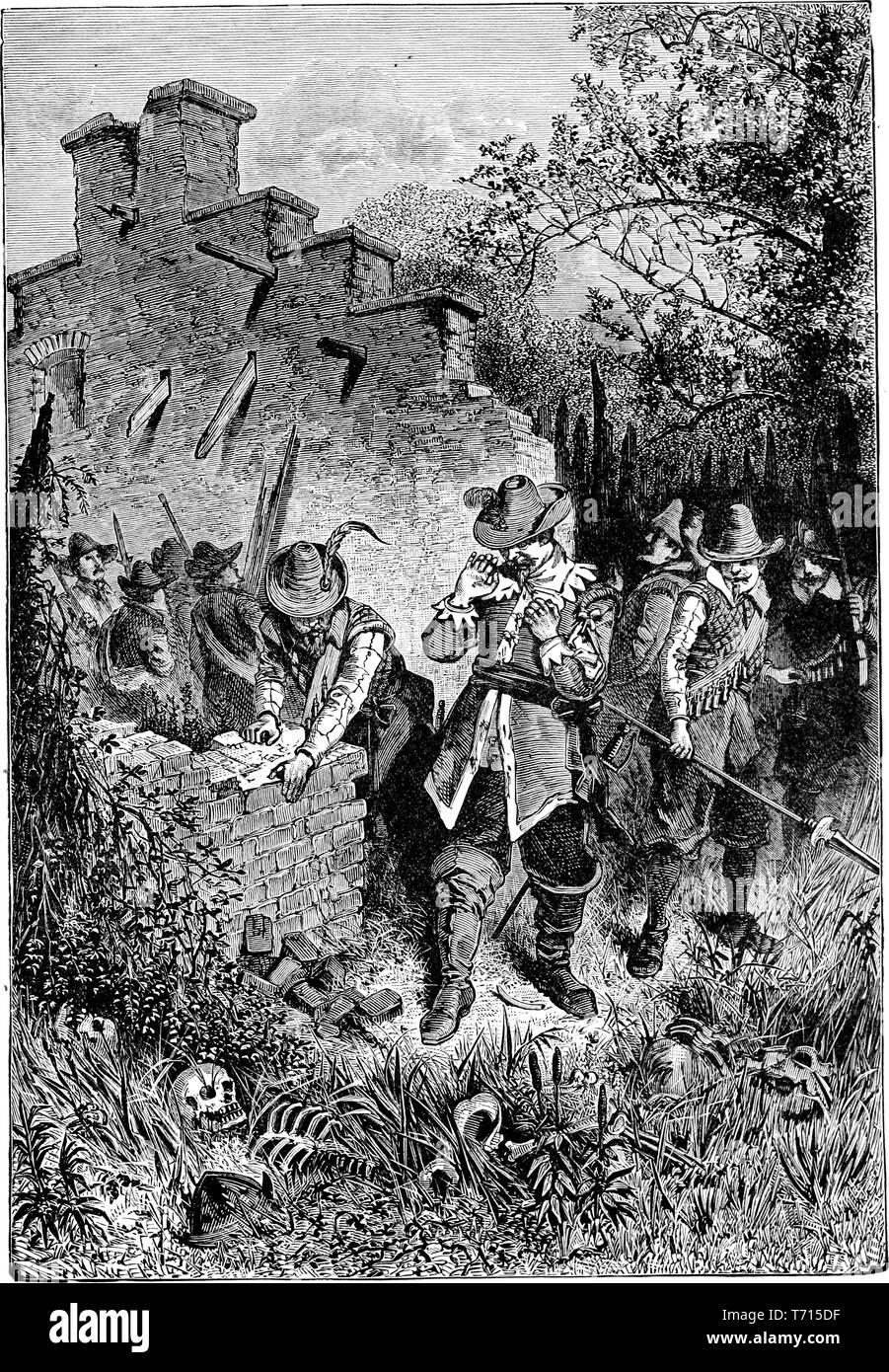 Gravieren von De Vries mit seinen Soldaten die Suche nach den Ruinen seines niederländischen Siedlung in New Holland, aus dem Buch "Eine beliebte Geschichte der Vereinigten Staaten von Amerika, von den frühen bis in die Gegenwart" von John Clark Ridpath, 1893. Mit freundlicher Genehmigung Internet Archive. () Stockfoto