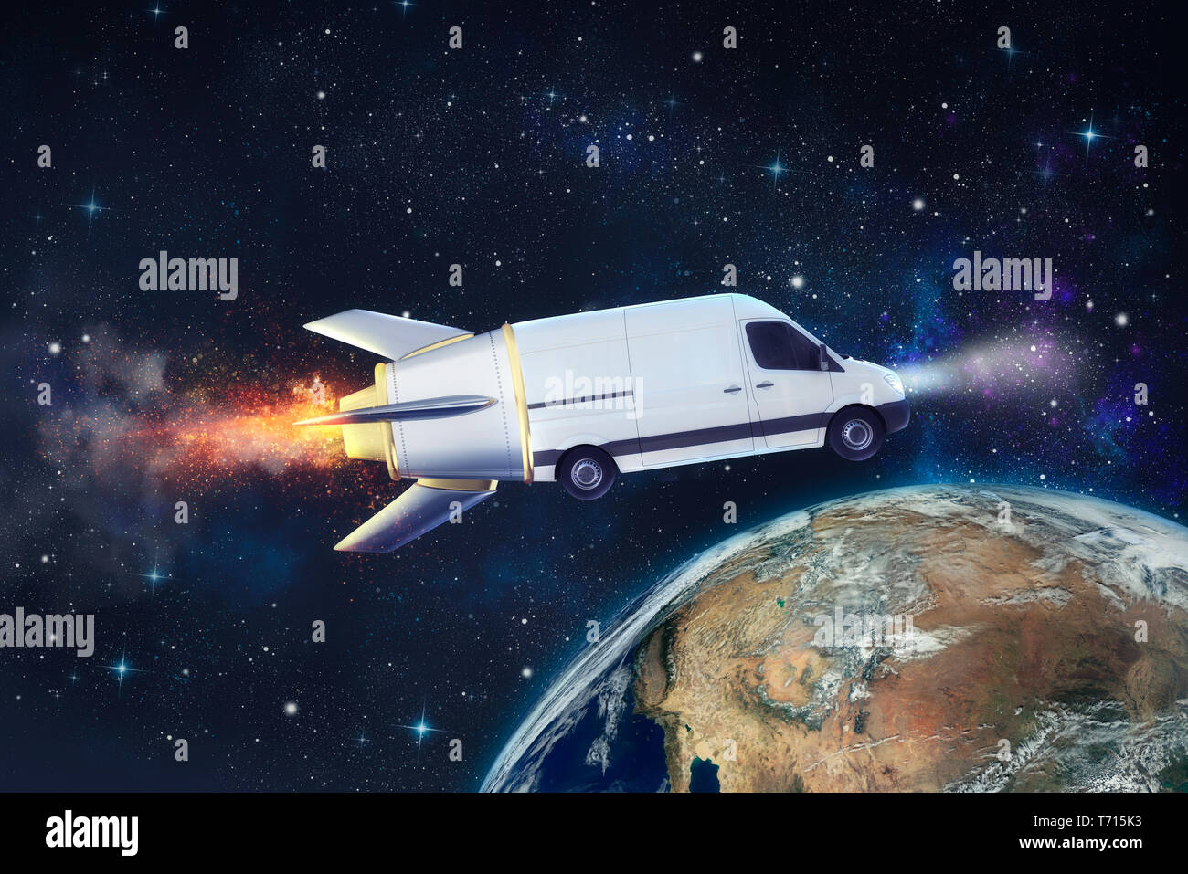 Super schnelle Lieferung von Paket Service mit fliegenden Van wie eine Rakete. Erde von der NASA zur Verfügung gestellt Stockfoto