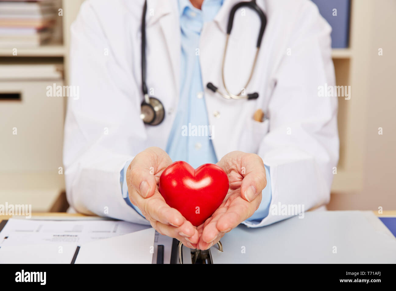 Hand der Arzt hält ein rotes Herz als Symbol für die Kardiologie Stockfoto