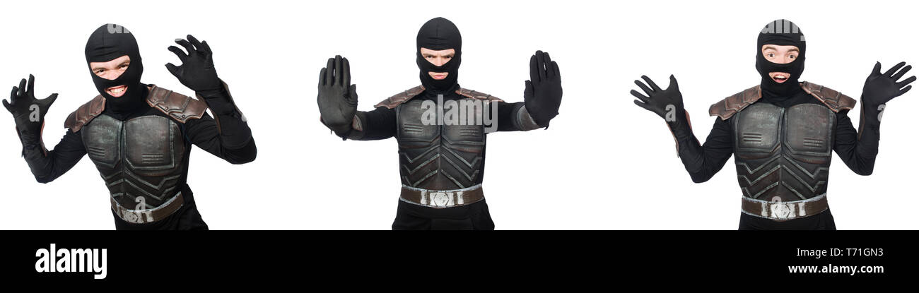 Junge lustige Mann in Rüstung Anzug Stockfoto