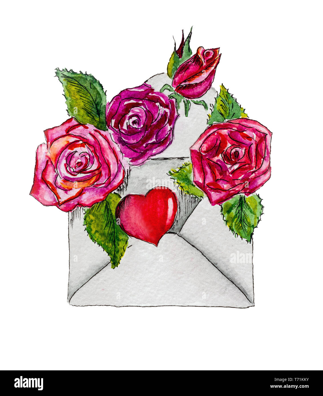 Umschlag mit Burgund Rosen und ein Herz. Stockfoto