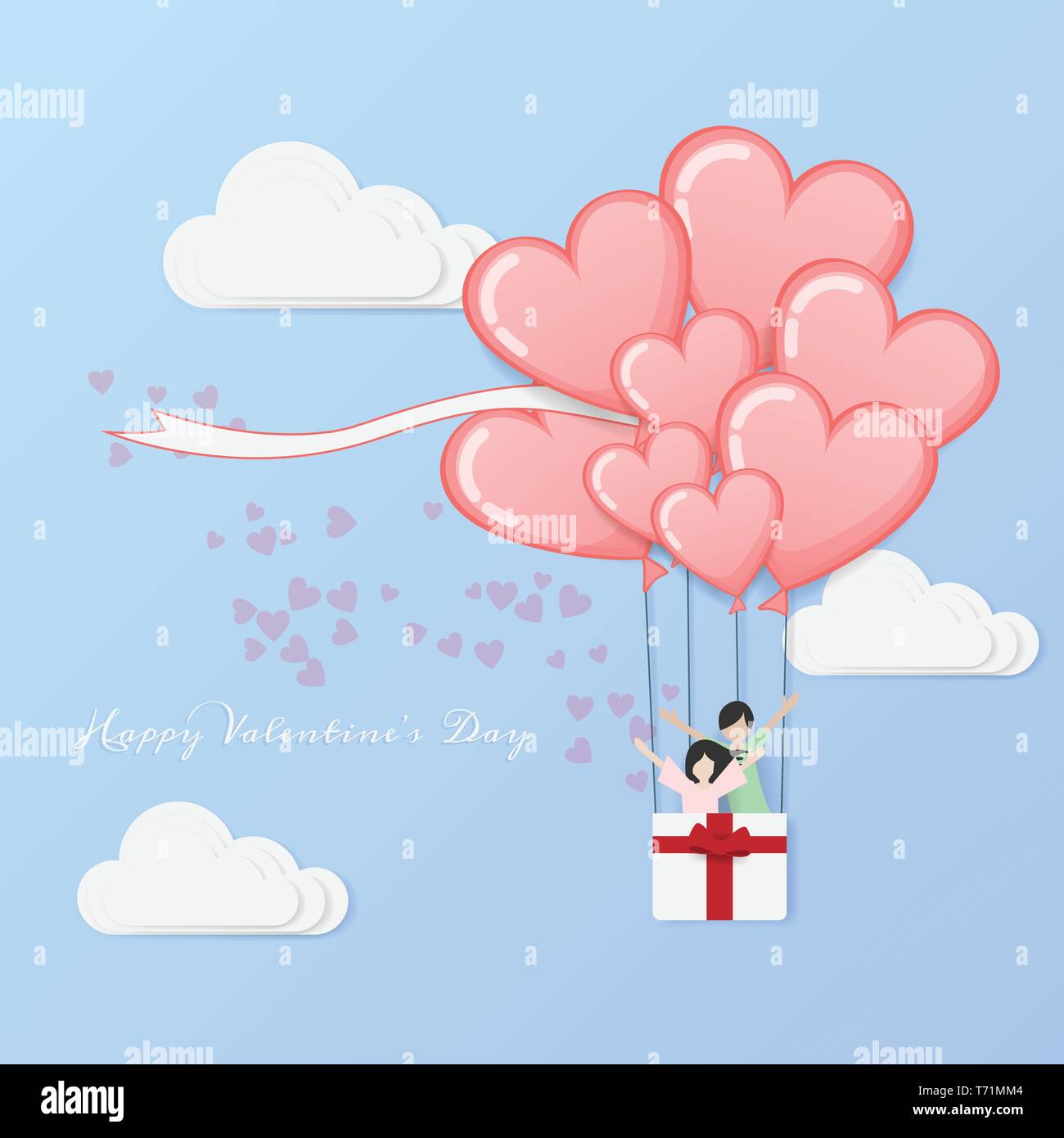 Der Vektor der Liebe und Happy Valentine's Day. Heißluftballon fliegen mit Liebe Paar innen Korb und Herzen schweben an bewölkten Himmel. Valentine gruss Auto Stock Vektor