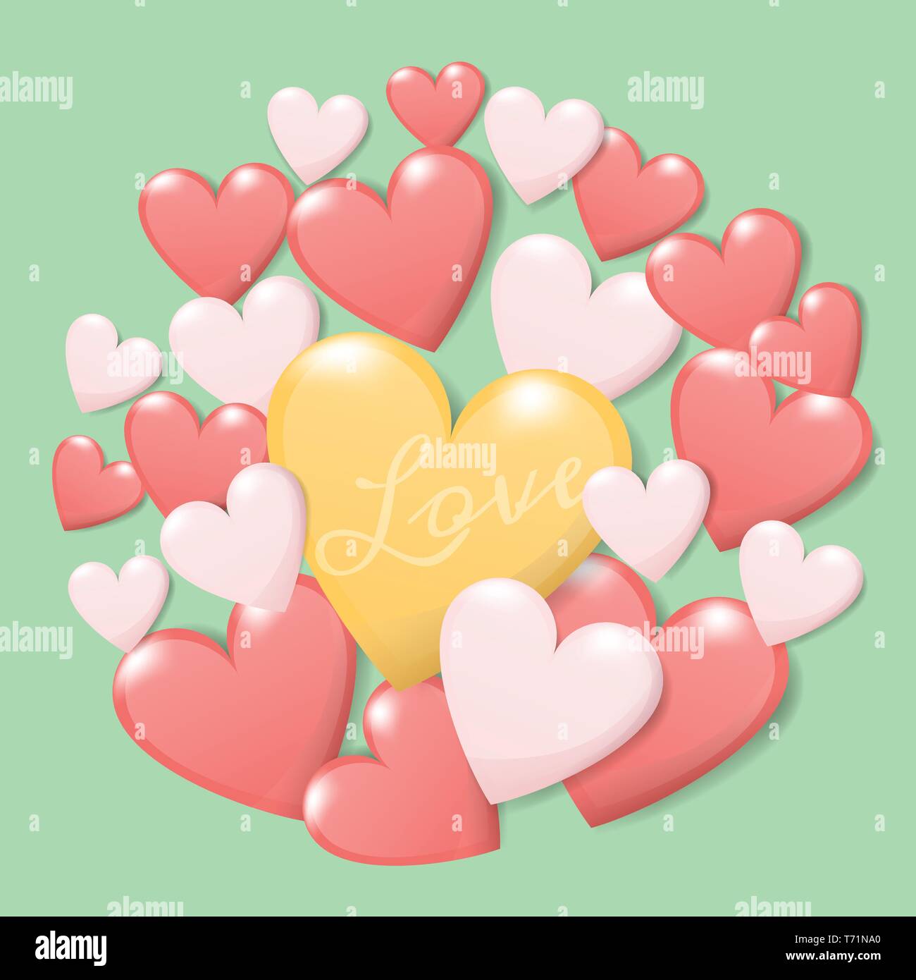 Happy Valentine's Tag Konzept. Gruppe von farbigen Herzen mit text Liebe isolieren auf grünem Hintergrund. Kreative vektor Grußkarte design Stock Vektor