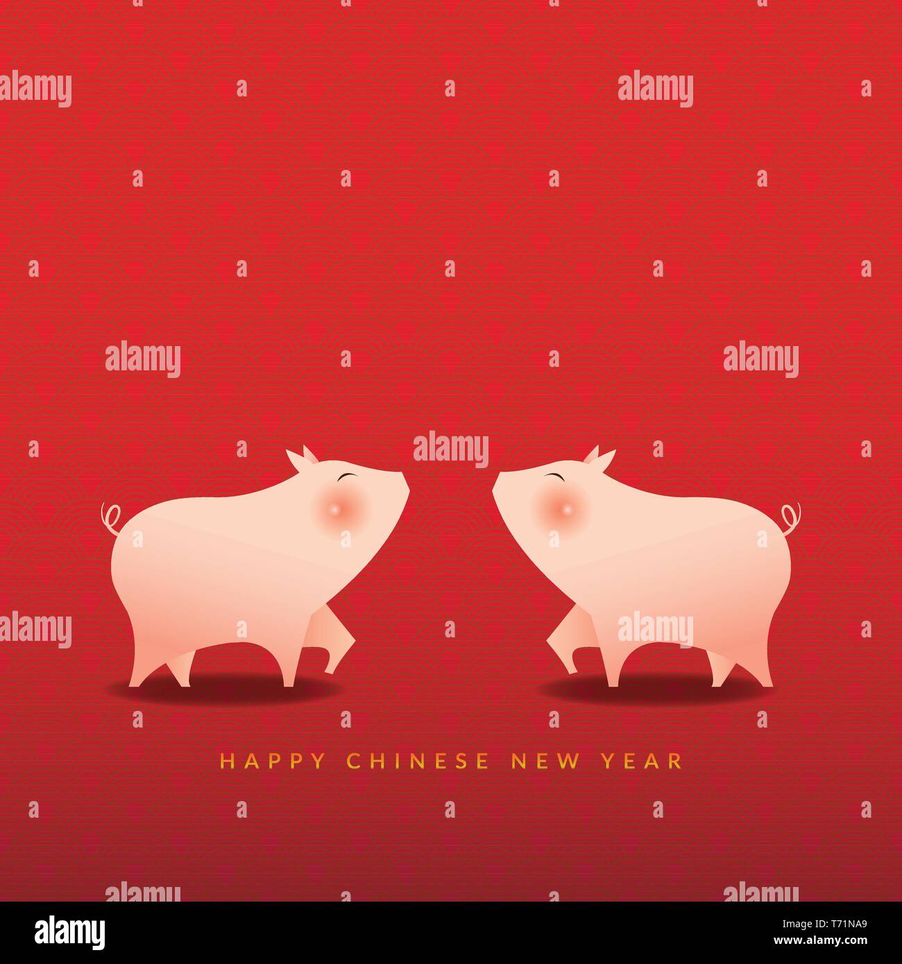 Frohes Neues Jahr 2019. Das chinesische Neujahr Konzept, das Jahr des Schweins. Grußkarte mit niedlichen zwei Schweine und Text Happy Chinese New Year Stock Vektor