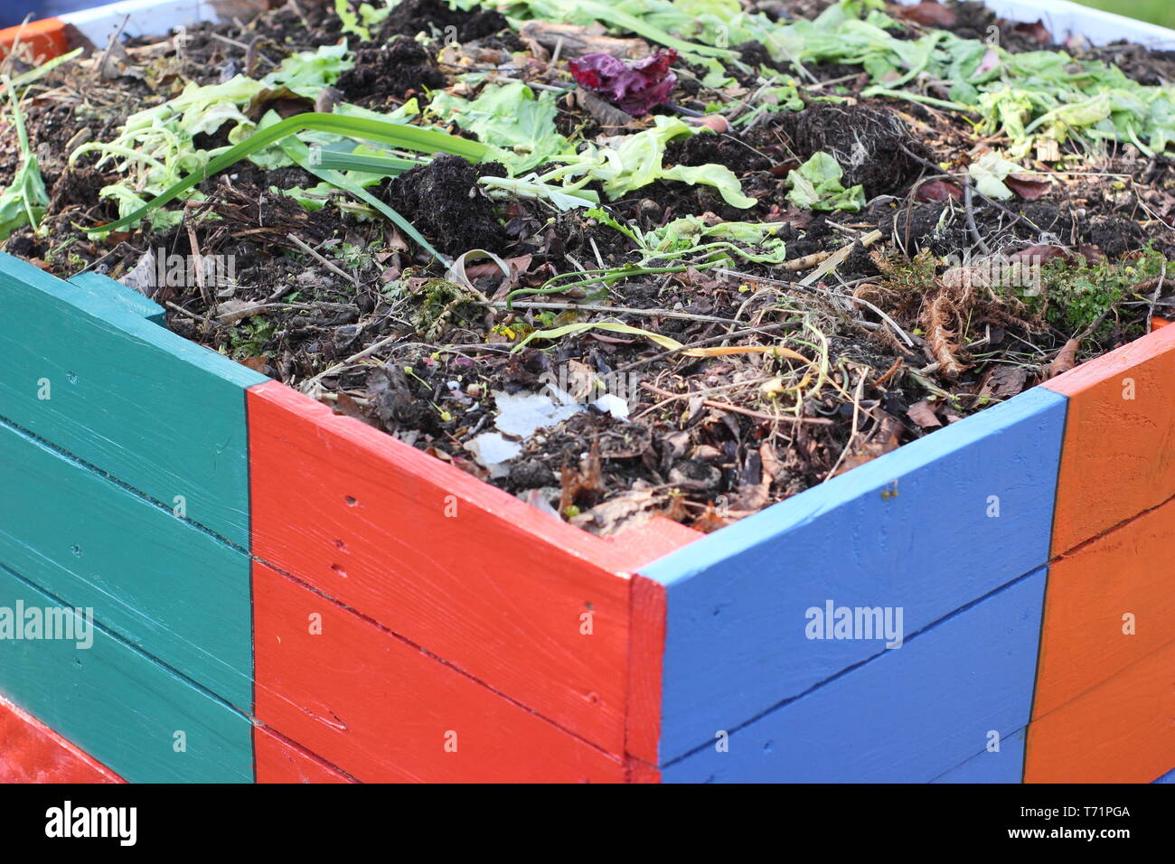 Kompost bin. Kompost Gehäuse aus recycelten Paletten aus Holz gemacht, Großbritannien Stockfoto