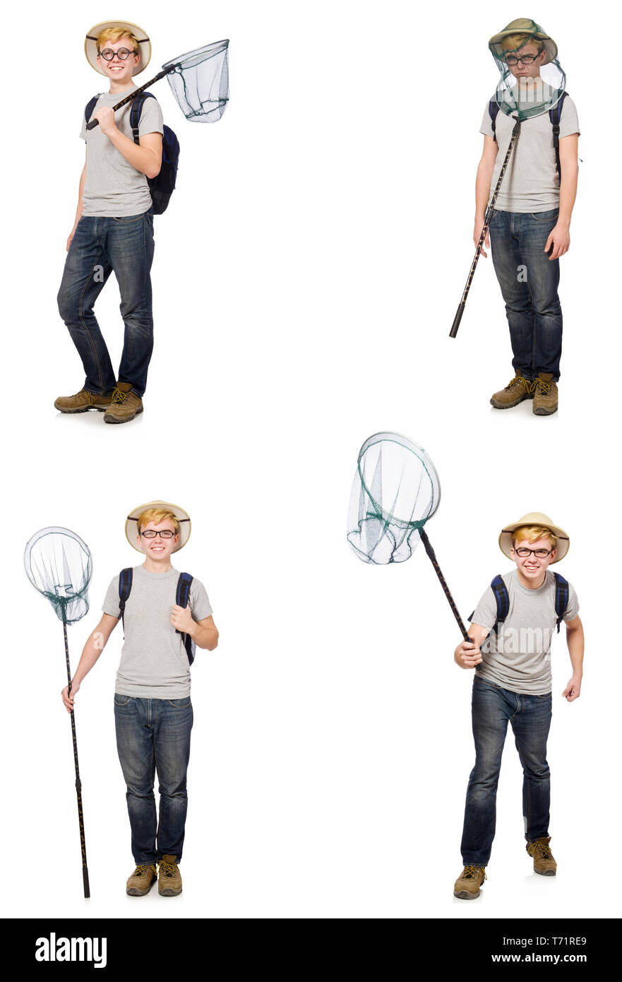 Junge in Cork Helm mit Net Stockfoto