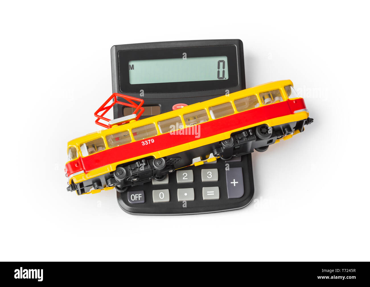 Taschenrechner und Spielzeug Straßenbahn Stockfoto