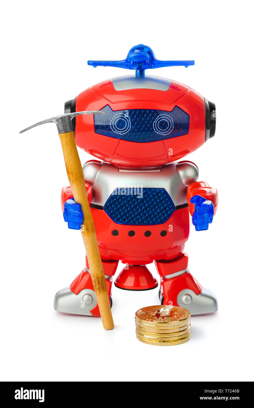 Spielzeug Roboter mit Spitzhacke und bitcoins Stapel Stockfoto