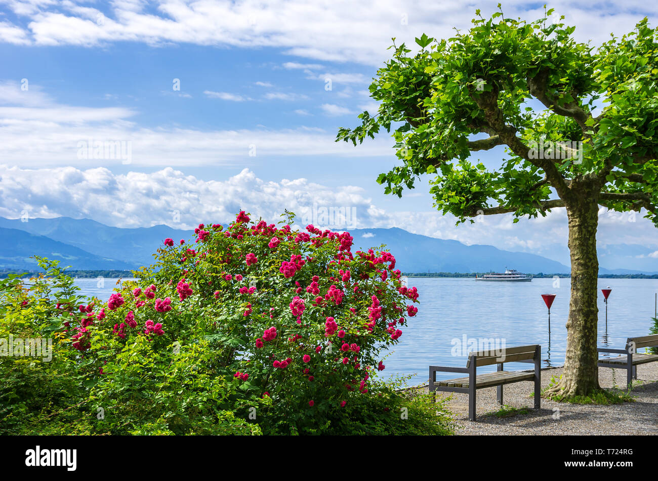 Blick über den Bodensee in Richtung Österreich aus Lindau im Bodensee, Bayern, Deutschland, Europa. Stockfoto