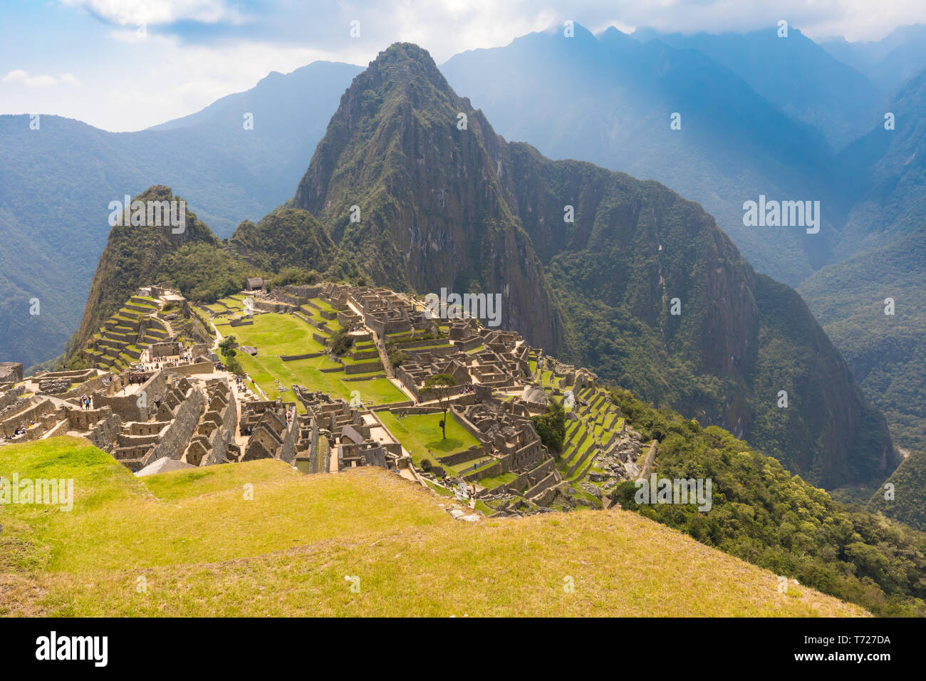 Machu Picchu, Huayna Picchu mountain Panoramaaussicht Stockfoto