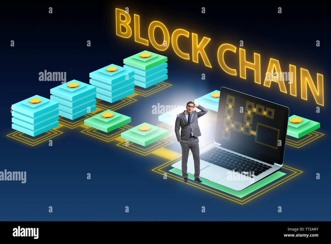 Verwirrt Mitarbeiter über blockchain Konzept Stockfoto