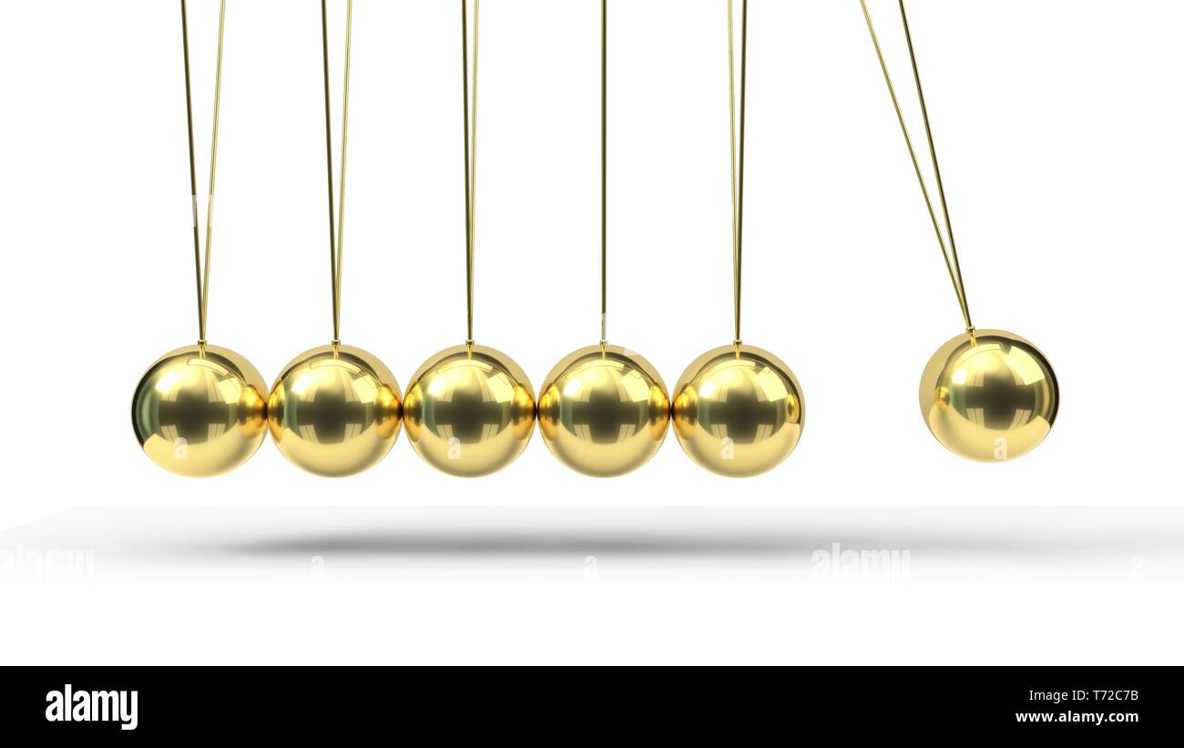 Newtons Wiege mit goldenen Kugeln. 3D-Darstellung Stockfoto