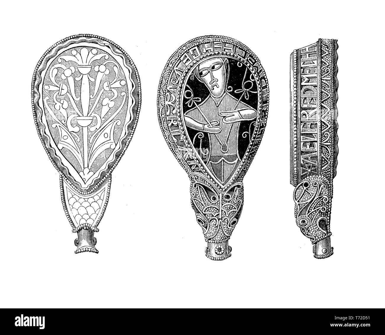 Die Alfred Juwel ist Angelsächsischen Schmuckstück des späten 9 Jahrhundert Goldschmied Kunstwerke aus Emaille und Quarz in Gold umschlossen. Das Juwel war für König Alfred der Große gemacht und ist im Ashmolean Museum in Oxford. Stockfoto