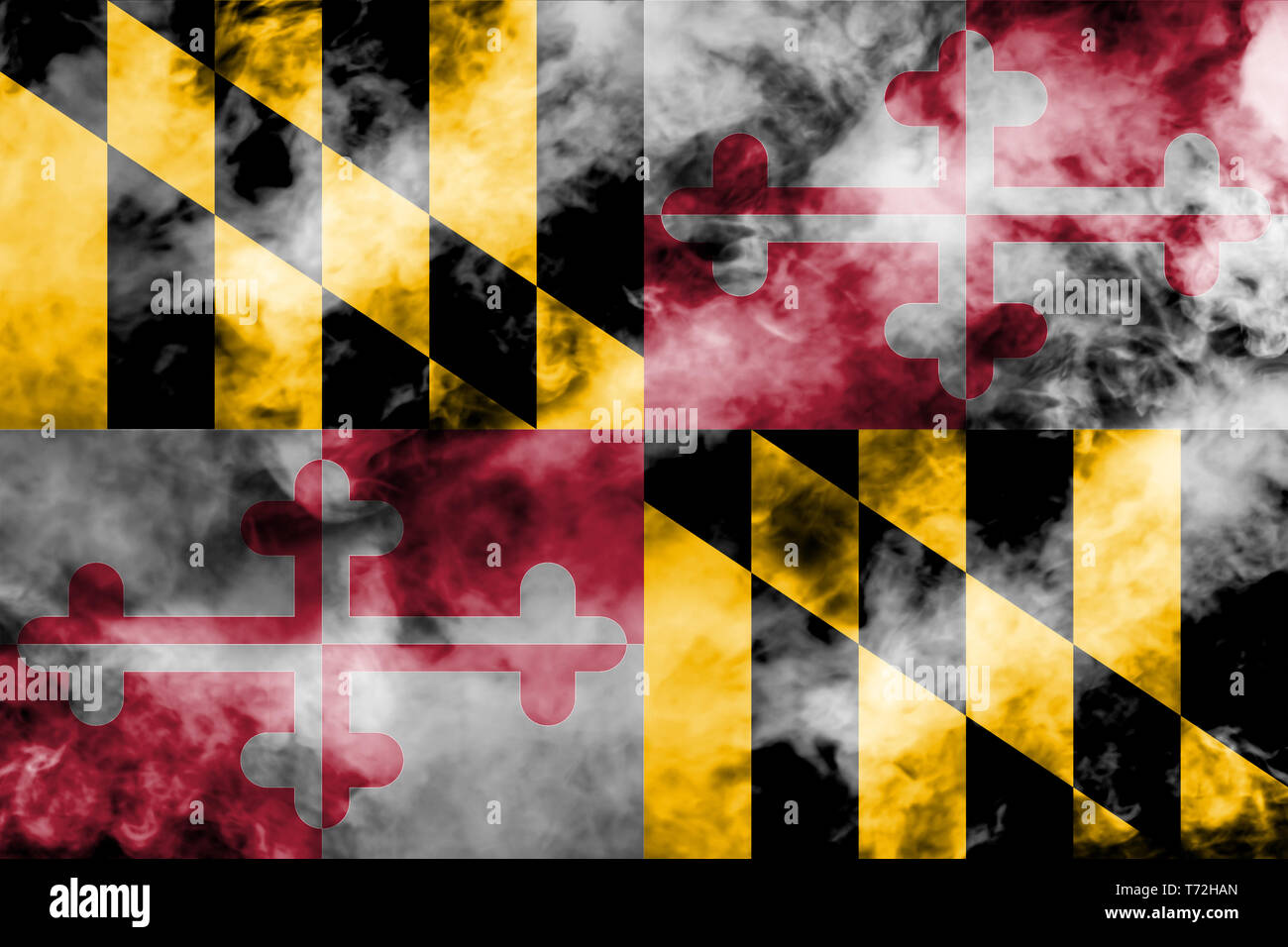 Die Flagge der US-Staat Maryland in gegen ein grauer Rauch am Tag der Unabhängigkeit in verschiedenen Farben blau rot und gelb. Politische ein Stockfoto