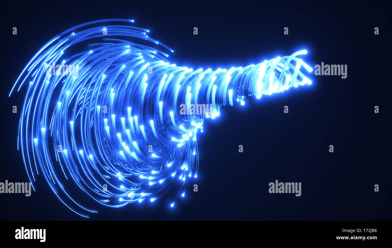 Blau Lichtwellenleiter Wirbel. Glas strings leuchten im Dunkeln. 3D-Darstellung Stockfoto